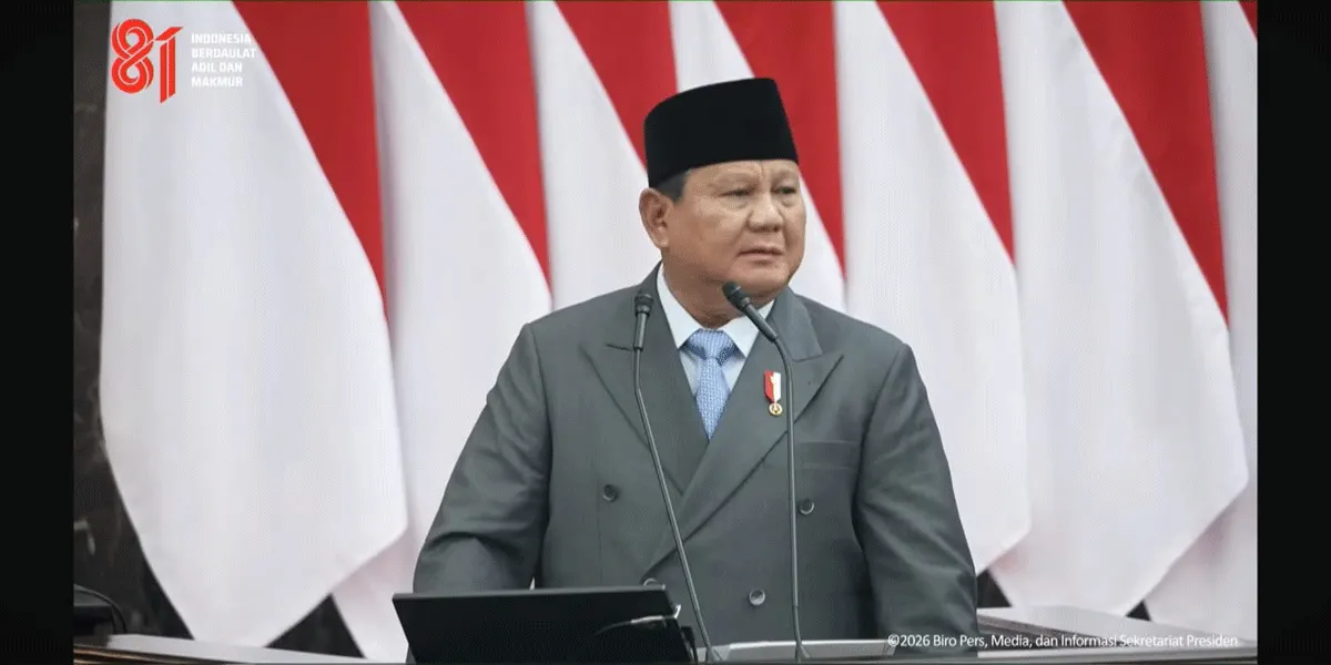 Presiden Prabowo Subianto berpidato dalam sidang tahunan MPR dan sidang bersama DPR RI-DPD RI di gedung MPR/DPR, Senayan, Jakarta Pusat, Jumat (14/8/2026).