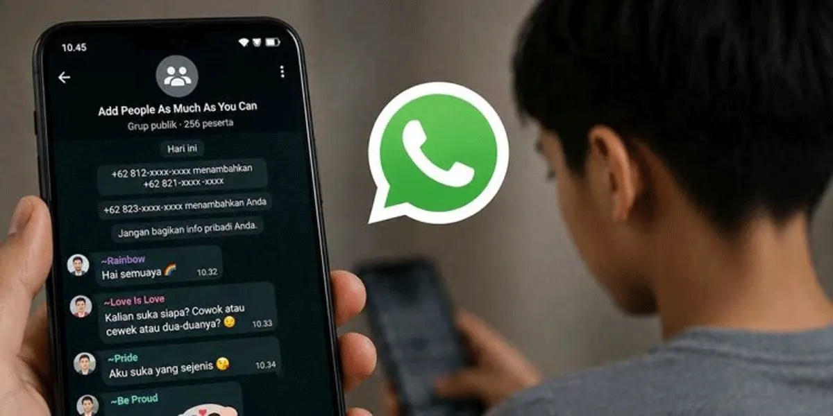 Ilustrasi - Tampilan ponsel yang menggambarkan grup WhatsApp yang diduga menyasar anak-anak. Fenomena tersebut memunculkan kekhawatiran terkait potensi digital grooming dan pentingnya pengawasan orang tua terhadap aktivitas anak di ruang digital.
