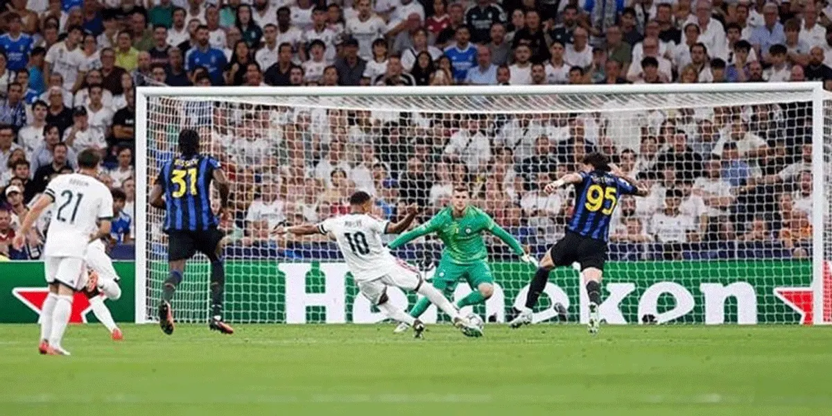 Momen penyerang Real Madrid Kylian Mbappe mencetak gol ke gawang Inter Milan pada matchday pertama Liga Champions 2026/2027 fase liga, Rabu (/9/2026) dini hari WIB.