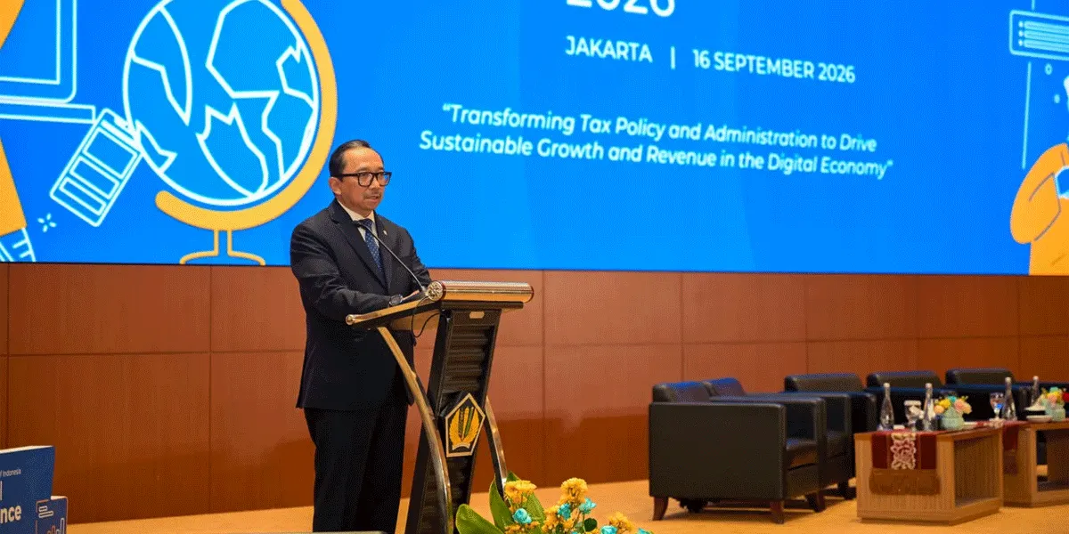 Wakil Menteri Keuangan Juda Agung menyampaikan paparan dalam International Tax Conference (ITC) 2026 di Kantor Pusat Direktorat Jenderal Pajak, Jakarta, Rabu (16/9/2026).